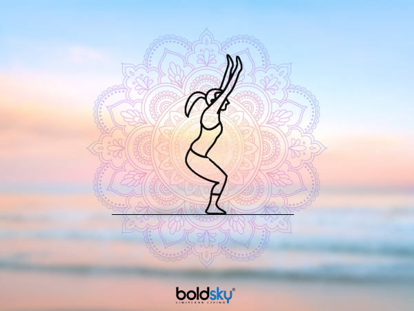 1. உட்கடாசனம் அல்லது நாற்காலியில் அமா்ந்திருக்கும் நிலை (Utkatasana)